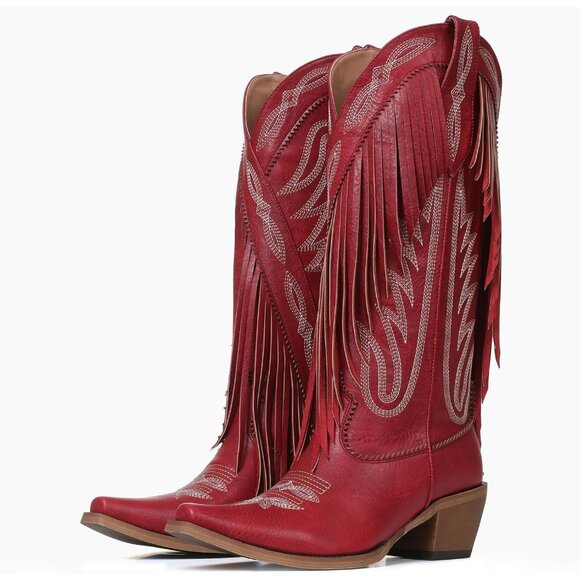 Women's Red Fringe Knee High Cowgirl Western Boots with Embroidery Pointed Toe - Picture 2 of 6